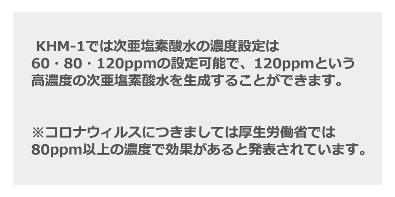 KHM-1では次亜塩素酸水の濃度設定は60・80・120ppmの設定可能で、120ppmという高濃度の次亜塩素酸水を生成することができます。